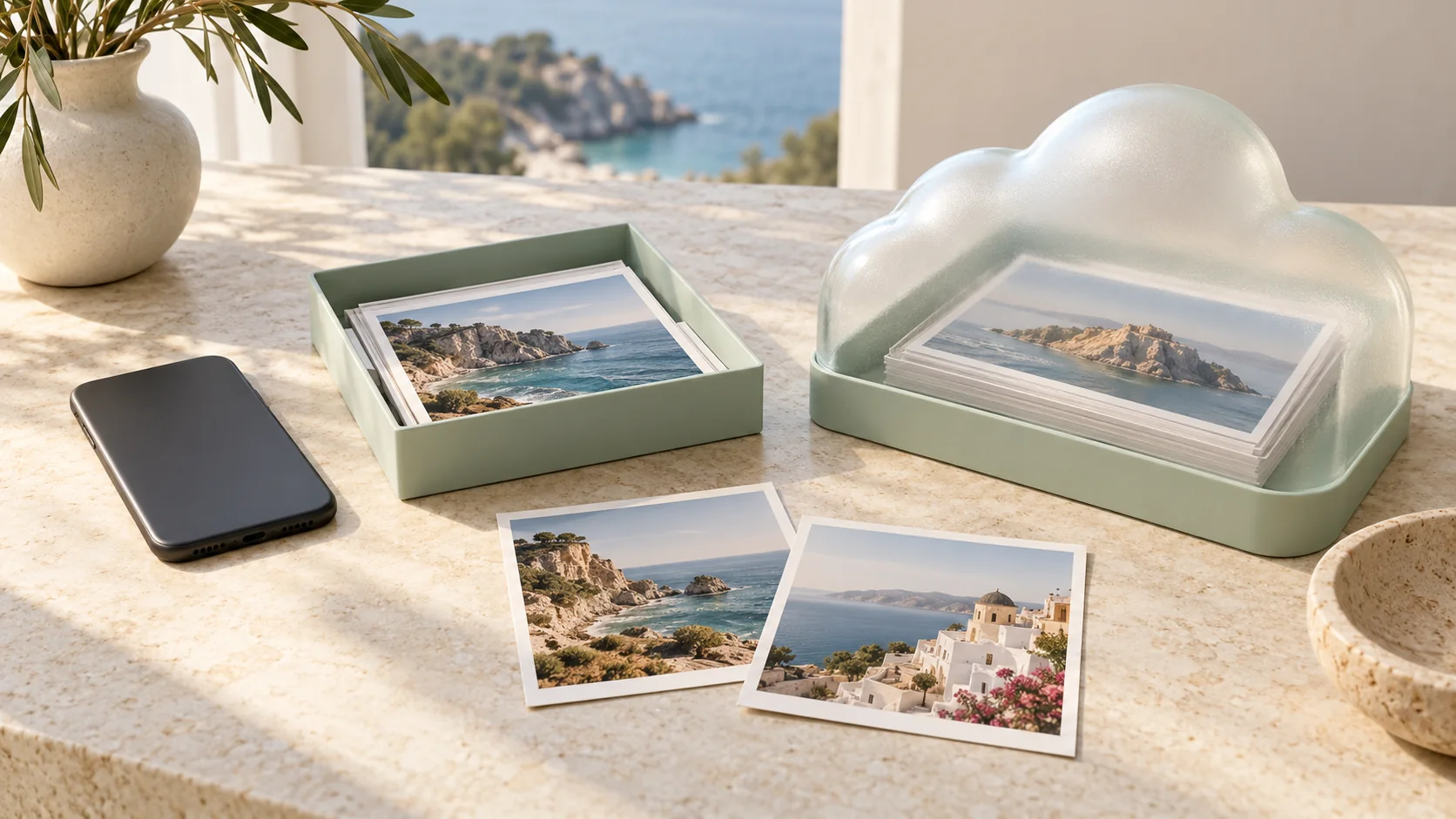 Generated editorial illustration comparing local photo storage with a separate glass-covered photo archive
