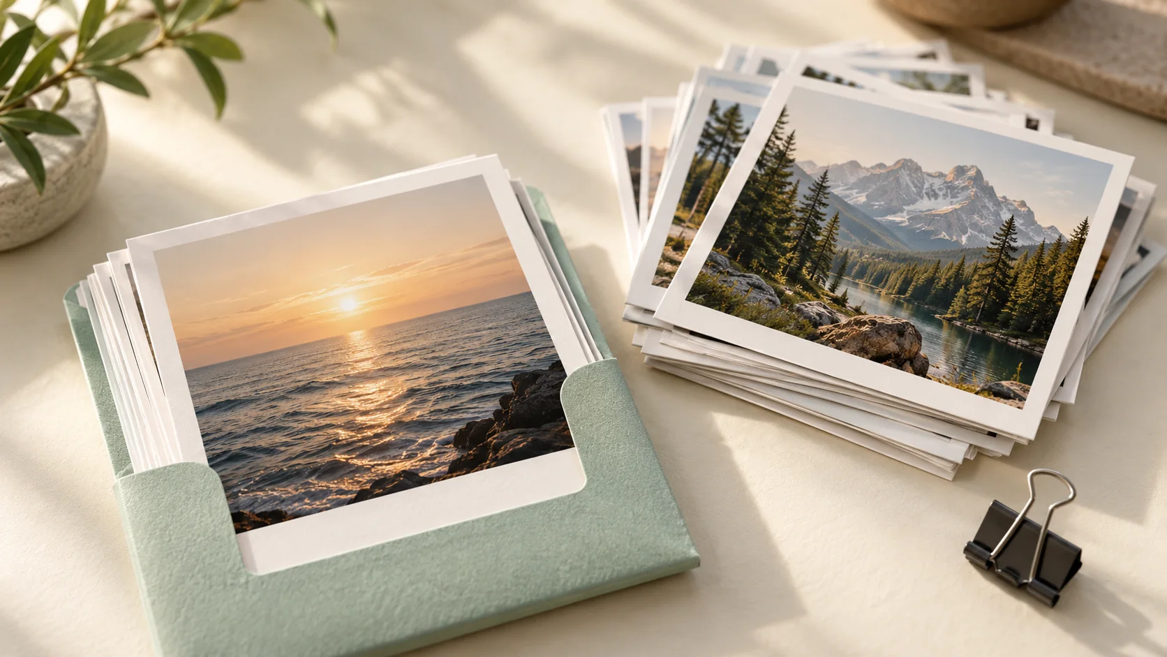 Editorial illustration of a favorite sunset photo kept in a mint sleeve