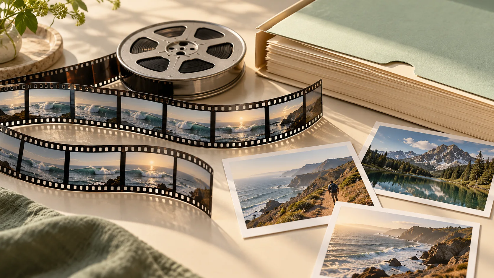 Generated editorial illustration of video contact strips, a film reel and a mint archive folder