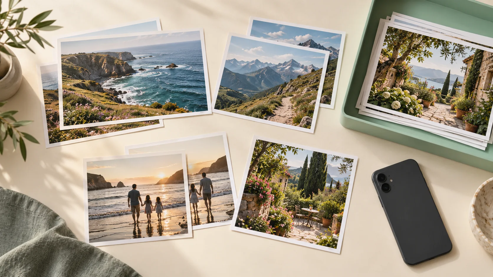 Illustration of favorite photographs arranged beside a mint sorting tray