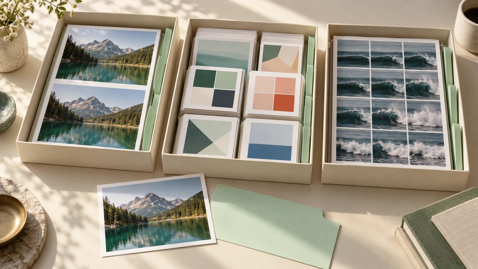 Editorial illustration of photographs and media contact sheets sorted into mint archival boxes