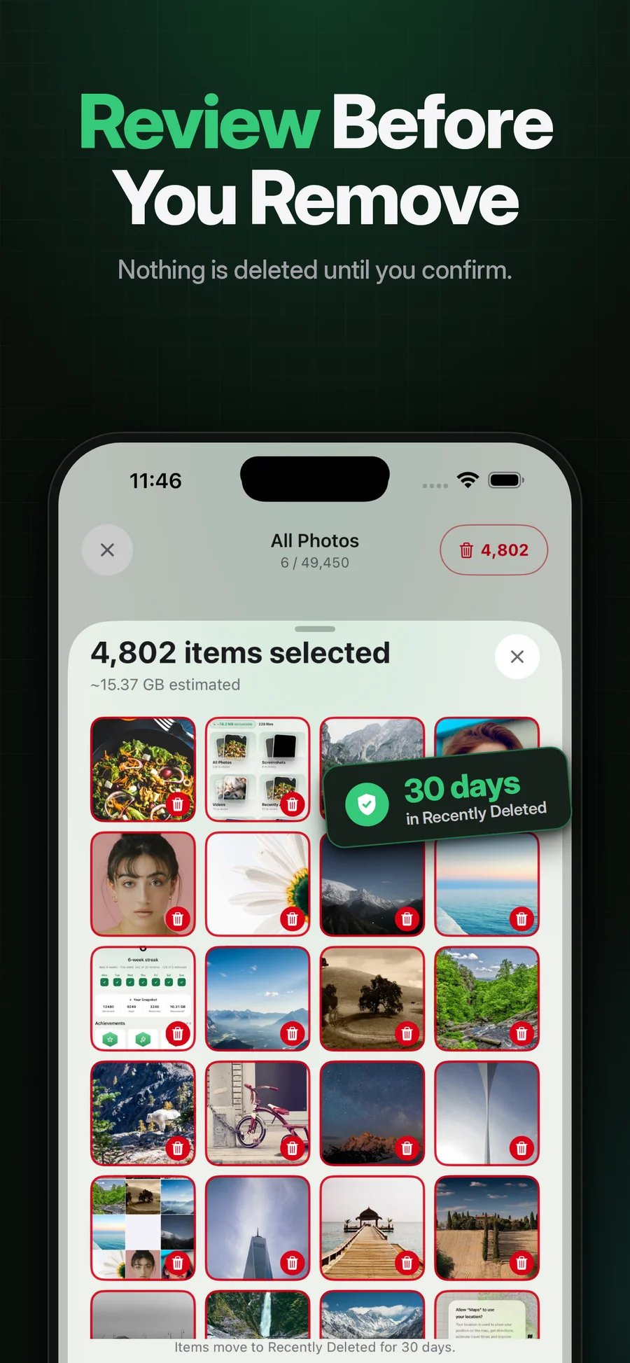 Pixtrim review screen showing photos selected before deletion