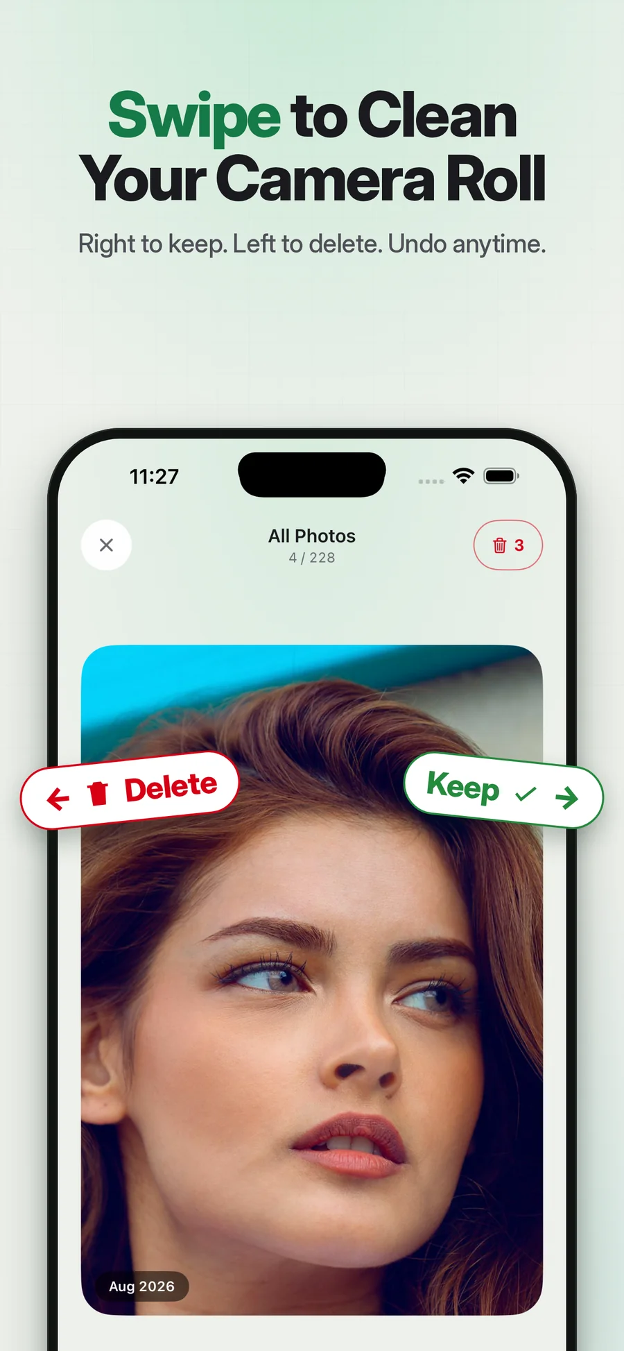 Real Pixtrim App Store image showing the swipe-to-keep and swipe-to-delete workflow